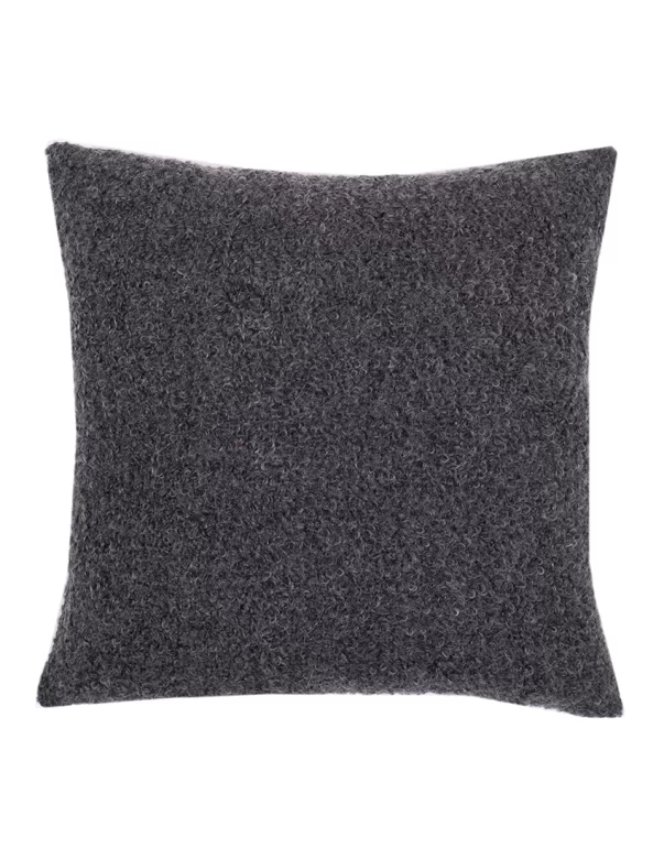 Dark gray boucle cushion cover with a textured appearance made by weaving mill Barker Textiles.