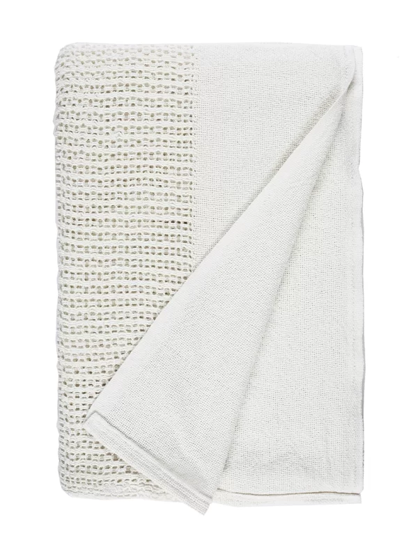 A white blanket with a folded corner, displaying a blue decorative stripe along one edge made by weaving mill Barker Textiles.