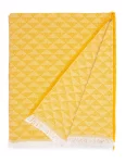 A yellow and white cotton blanket with a bold diamond pattern, finished with a crisp fringe, made by weaving mill Barker Textiles.