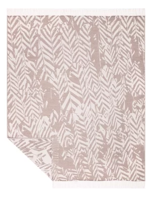 A beige wool blanket with leaves pattern and fringed edges, crafted by Barker Textiles.