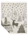 Light beige wool blanket with a green forest scene, featuring trees and a reindeer, produced by weaving mill Barker Textiles.