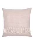 Beige square cushion cover with a simple design and fringes along one edge made by weaving mill Barker Textiles.