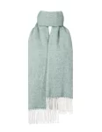 Light green herringbone scarf with white fringesmade by weaving mill Barker Textiles.