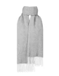 Light gray herringbone scarf with white fringes made by weaving mill Barker Textiles.