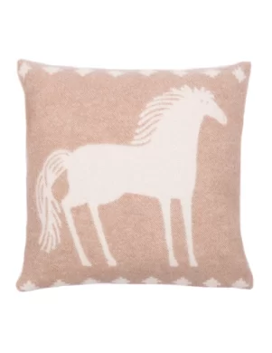 A rectangular, light brown cushion featuring a white silhouette of a horse in the center with decorative white accents along the top and bottom edges, made by weaving mill Barker Textiles.