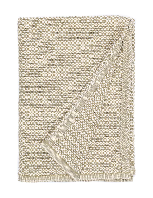 A beige baby blanket with a honeycomb texture, folded to show the reverse side made by weaving mill Barker Textiles.