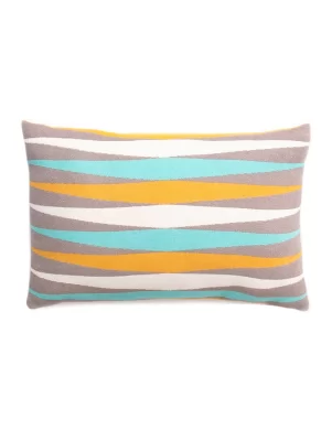 Rectangular cushion cover with a modern striped design in gray, yellow, and turquoise on a white background made by weaving mill Barker Textiles.