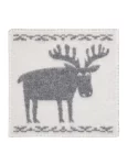 Sitting pad with a gray moose design and decorative bordersmade by weaving mill Barker Textiles.