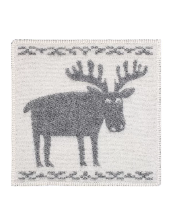 Sitting pad with a gray moose design and decorative bordersmade by weaving mill Barker Textiles.