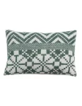 Rectangular cushion cover with a green and white traditional geometric pattern, showcasing various shapes and zigzags made by weaving mill Barker Textiles.