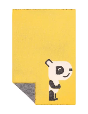 A bright yellow baby blanket with a cute black and white panda character in the bottom corner made by weaving mill Barker Textiles.