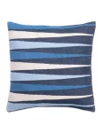 Square cushion cover featuring an abstract blue and white wave pattern with varying shades of blue and navy stripes made by weaving mill Barker Textiles.