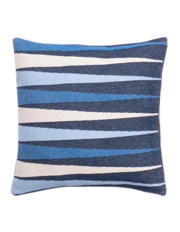 Square cushion cover featuring an abstract blue and white wave pattern with varying shades of blue and navy stripes made by weaving mill Barker Textiles.