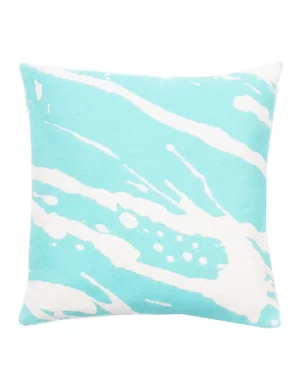 Square cushion cover with a bold turquoise and white abstract splash pattern made by weaving mill Barker Textiles.