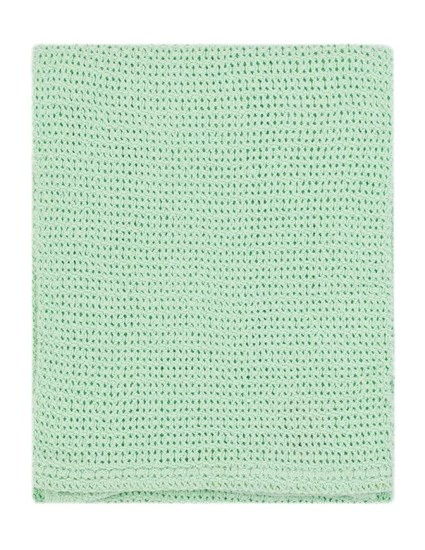 A mint green cellular baby blanket with a textured waffle weave pattern, folded to show the reverse side made by weaving mill Barker Textiles.