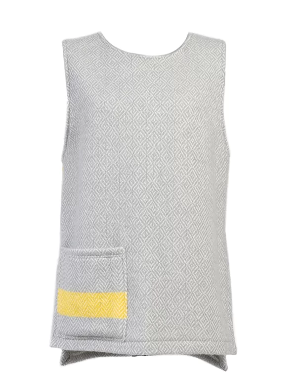 Light gray sleeveless vest with a small yellow accent and a pocket on the left side.