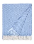 A folded wool throw in a light blue color, showcasing a classic herringbone pattern and white fringes on the edges, made by weaving mill Barker Textiles.