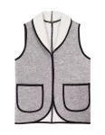 Gray short sleeveless vest with black trim and two pockets made by weaving mill Barker Textiles.