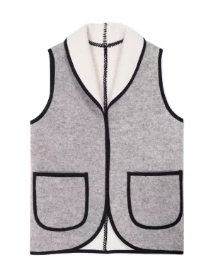 Gray short sleeveless vest with black trim and two pockets made by weaving mill Barker Textiles.