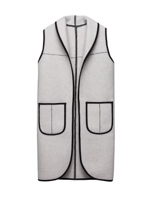 Light gray long sleeveless vest with black trim and two pockets made by weaving mill Barker Textiles.