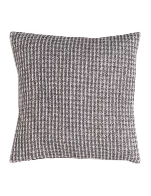 Square cushion cover with a subtle waffle pattern in shades of gray and white made by weaving mill Barker Textiles.