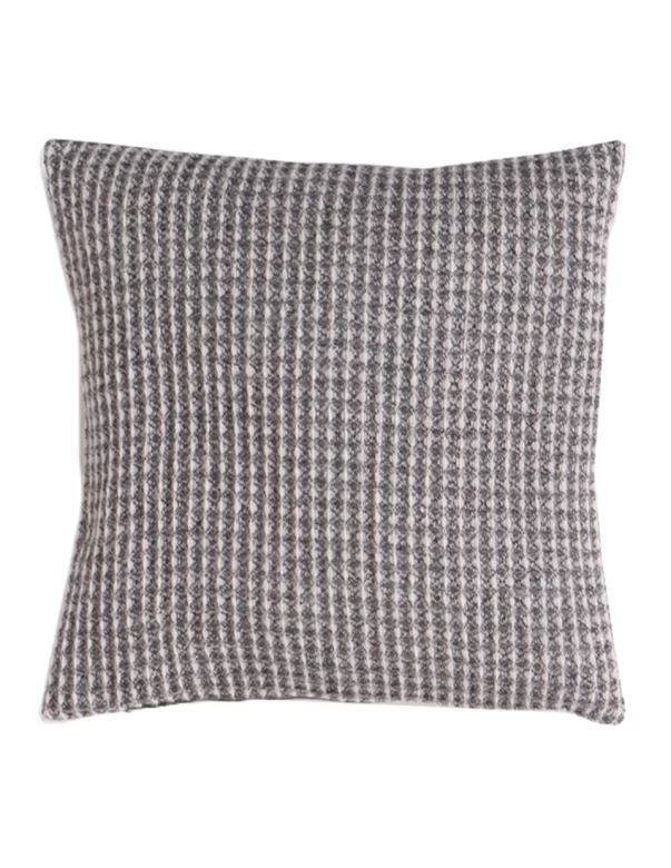 Square cushion cover with a subtle waffle pattern in shades of gray and white made by weaving mill Barker Textiles.